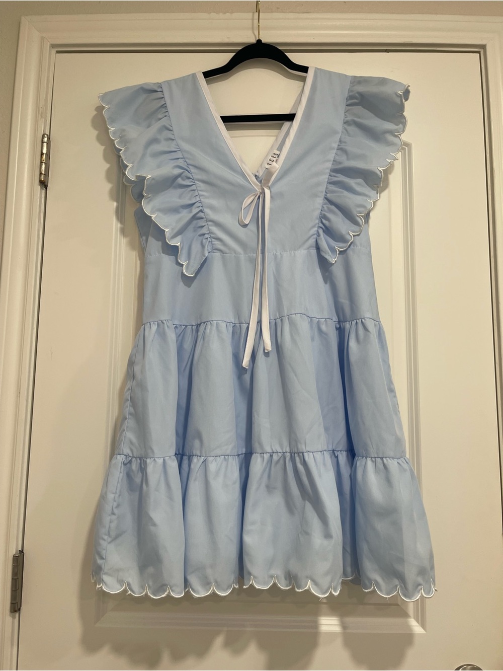 Light Blue Ruffle Tiered Dress with Scalloped Trim